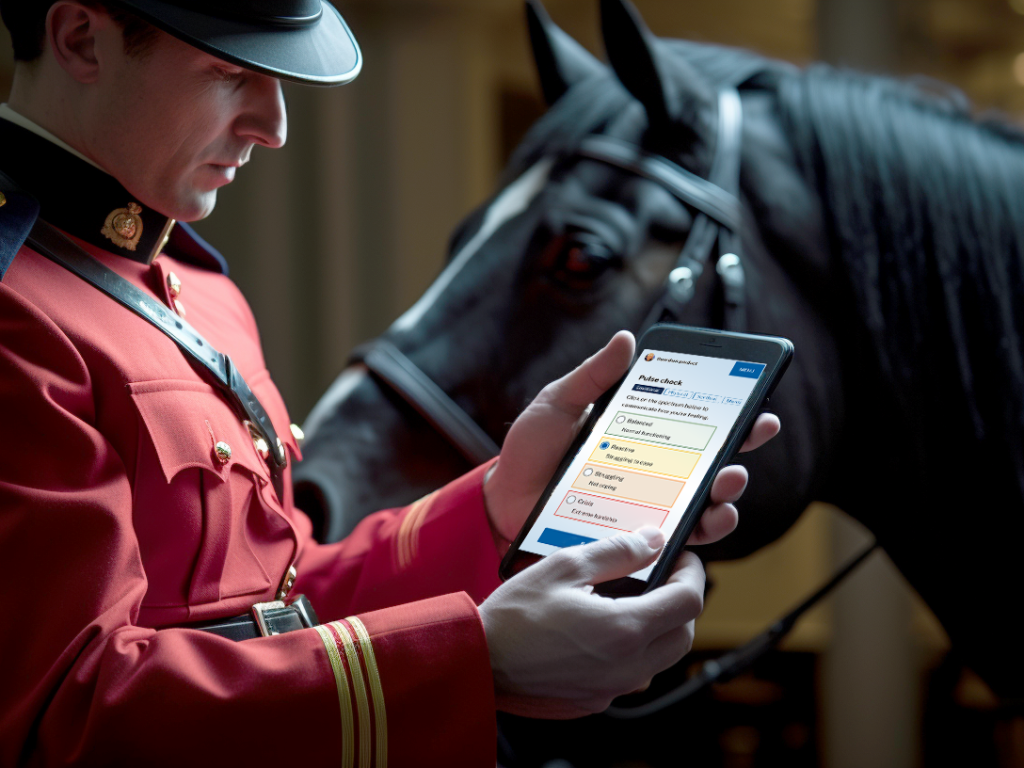 A rectangular thumbnail image showing a close-up of a person in a dark uniform with a yellow holding a mobile phone with a wellness app.