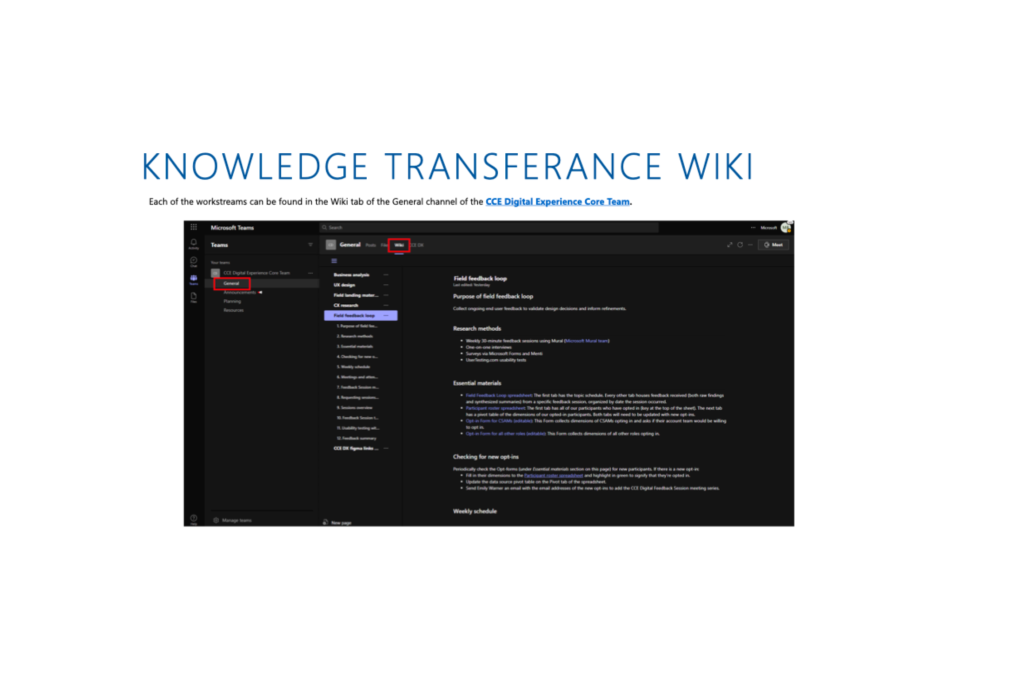 A slide titled "KNOWLEDGE TRANSFERANCE WIKI" featuring a screenshot of Microsoft Teams in dark mode.
