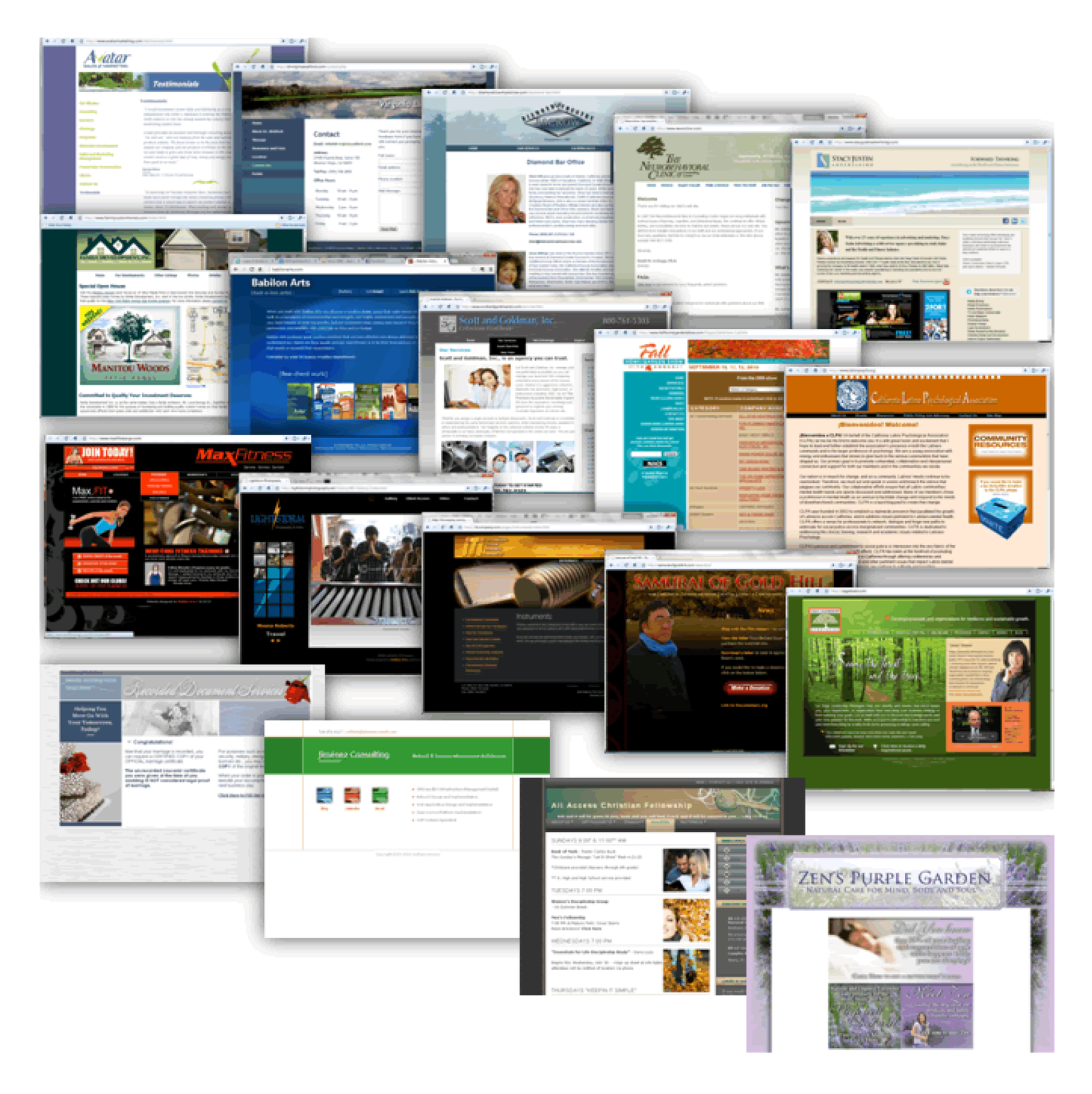 A collage of over a dozen different website homepage screenshots overlapping each other against a white background. The websites feature a variety of colors, layouts, and themes, including corporate pages, portfolios, blogs, and local business sites.